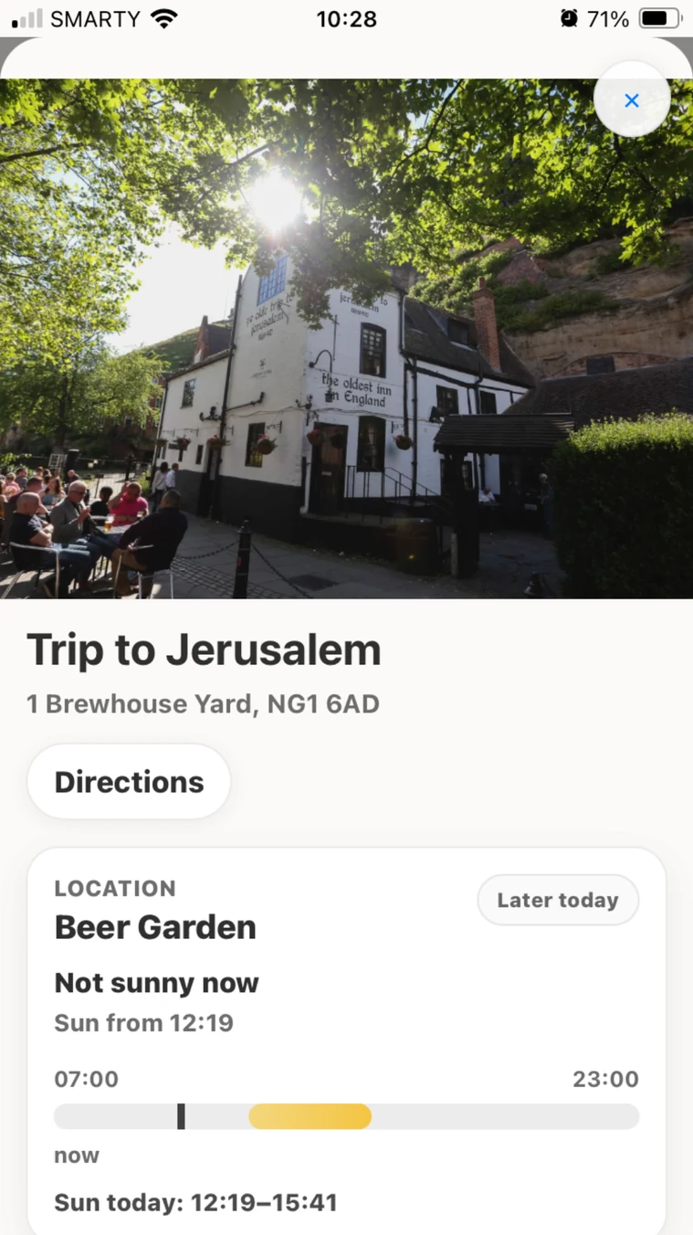 Drinking in the Sun pub view showing the pub photo, directions button, seating location, and sun timing bar.
