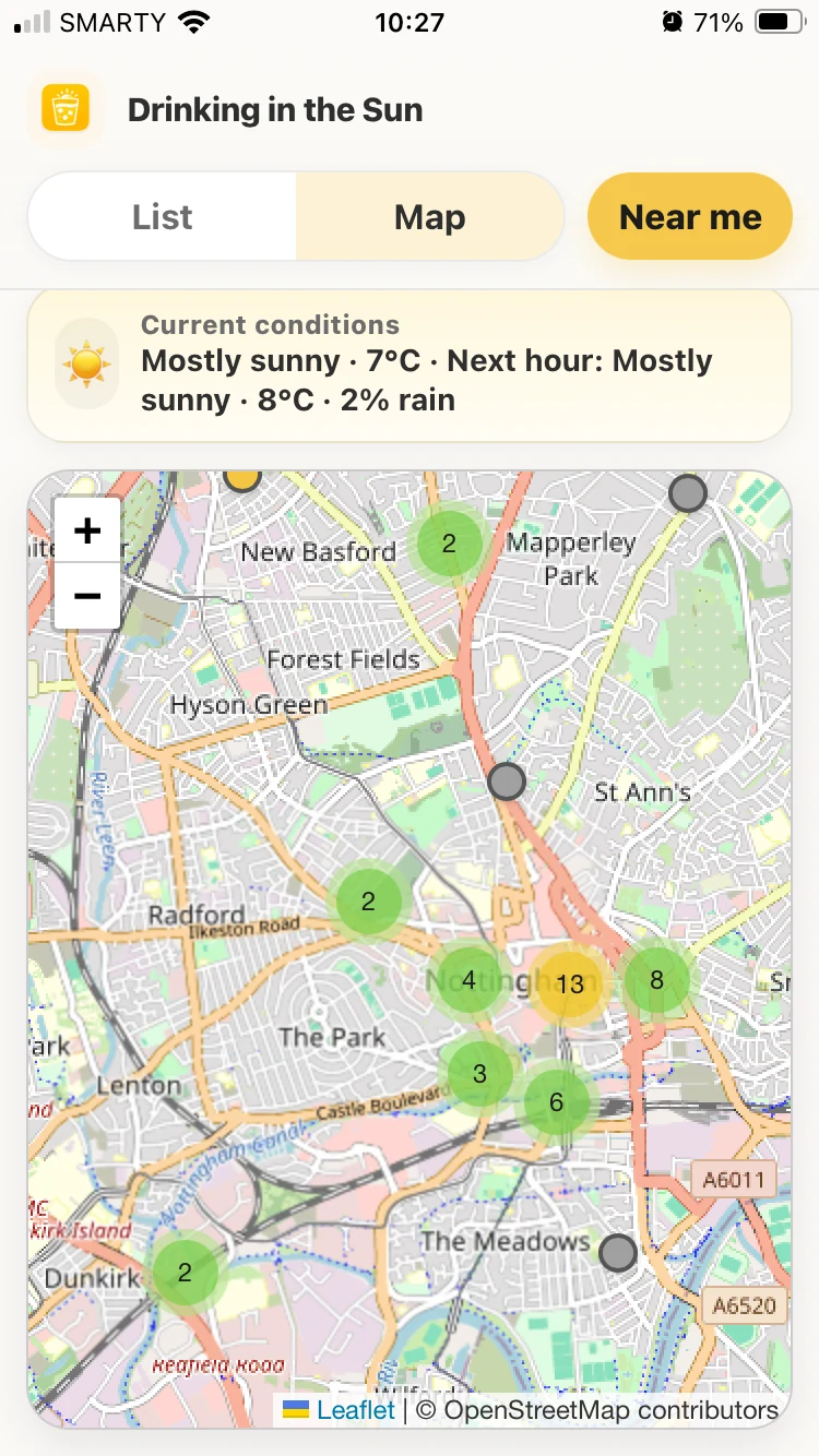 Drinking in the Sun map view showing clustered pub markers across Nottingham.